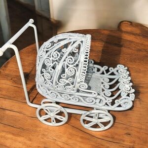 miniature baby carriage, vintage dollhouse furniture, painted metal